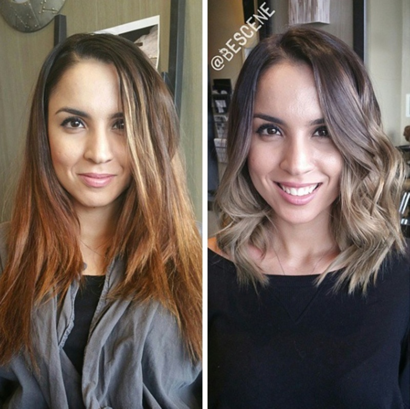 Фото выход из черного цвета волос до и после средней длины